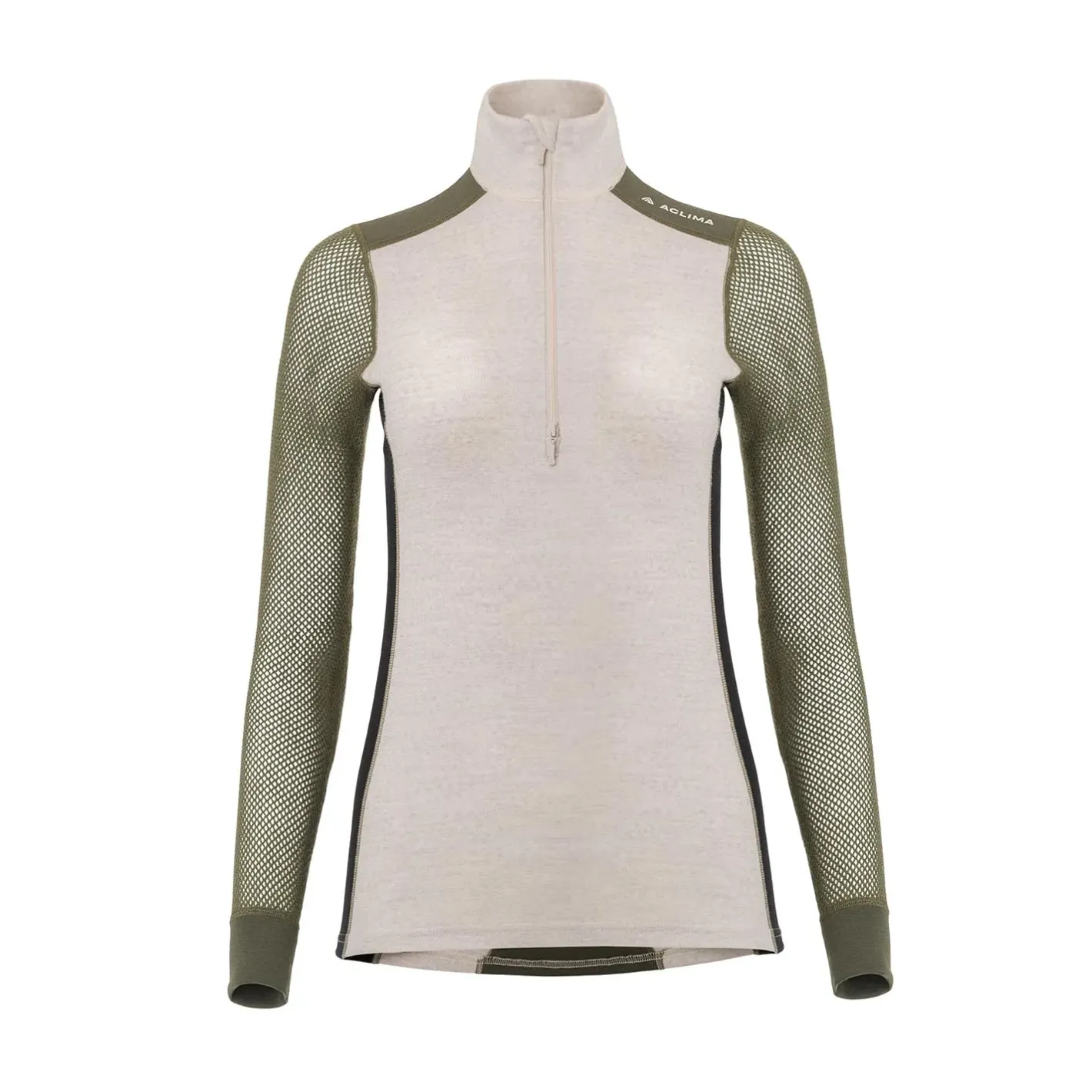 Aclima Uldoverdele<Womens WoolNet Hybridock Neck W/zip Beige (BEIGE MELANGE/OLIVE NIGHT/JBLK)