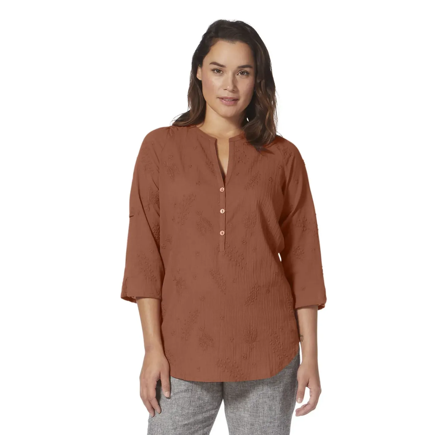 Et Grønnere Valg Skjorter<Royal Robbins Womens Oasis Tunic II 3/4 Sleeve Brun (BAKED CLAY)